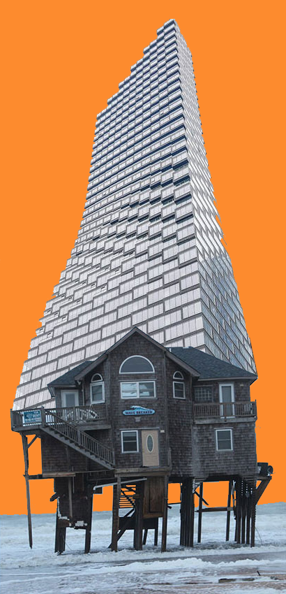 Skyscraper on top of rickety wooden house standing precariously on stilts