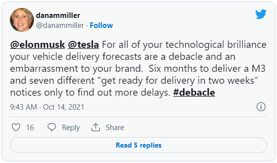 Tweet shaming Tesla for poor delivery forecasts